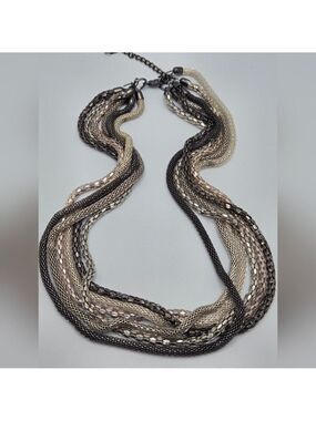 Chunky Silver & Gunmetal Multi-Strand Chain Necklace 20" +3" Excellent Statement